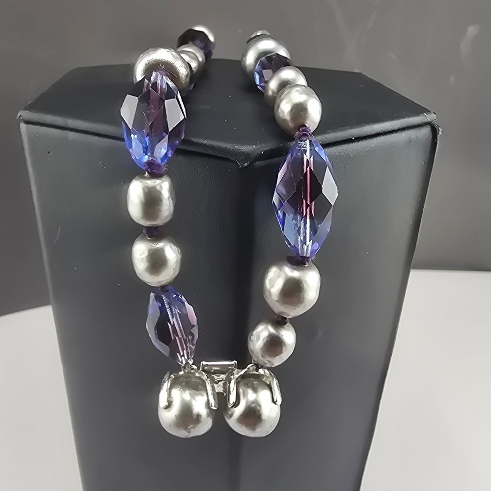 Vintage Glass Estate Double Strand Bracelet Purple Grey Faux Pearl Crystal 7in